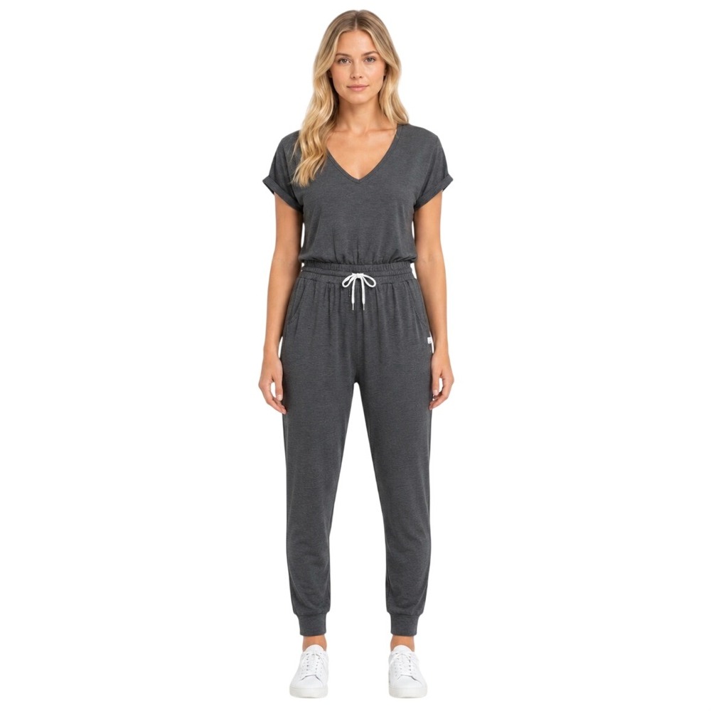Vuori Women Charcoal Heather Performance Jogger Jumpsuit V-Neck Short Sleeve S